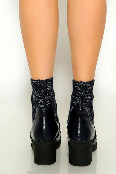 Navy Round Toe Studded Knitted Bootie - AMIClubwear