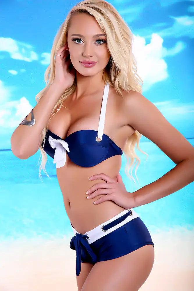 Navy White Bow Bandeau Halter Short Two Piece Swimsuit - AMIClubwear