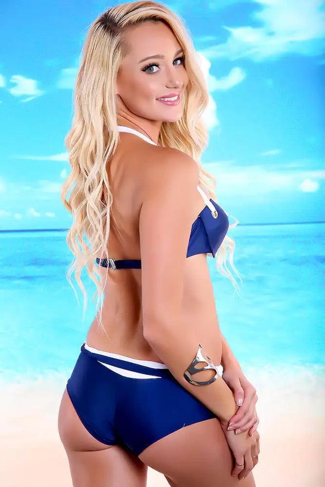 Navy White Bow Bandeau Halter Short Two Piece Swimsuit - AMIClubwear