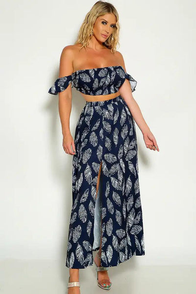 Navy White Off The Shoulder Cropped Maxi Two Piece Dress - AMIClubwear