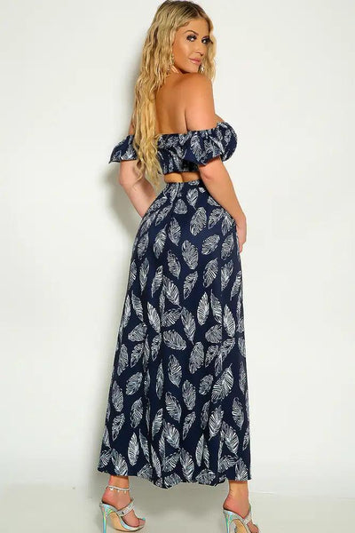 Navy White Off The Shoulder Cropped Maxi Two Piece Dress - AMIClubwear