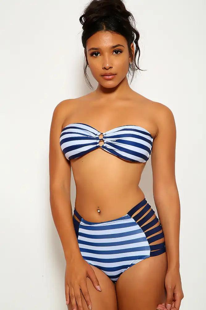 Navy White Stripe Bandeau High Waist  2 Piece Swimsuit - AMIClubwear