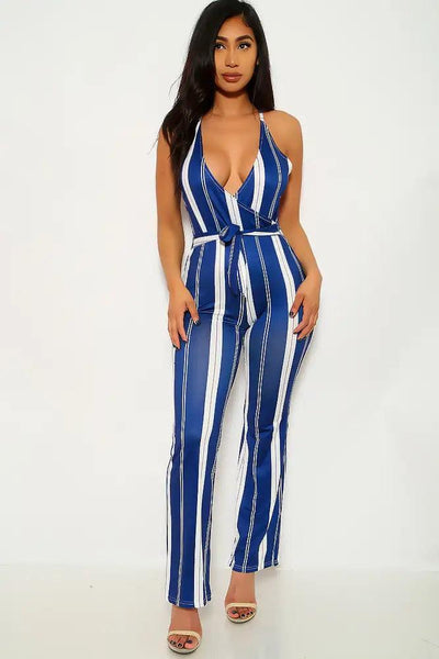 Navy White Striped Sleeveless Jumpsuit - AMIClubwear