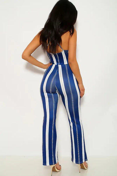 Navy White Striped Sleeveless Jumpsuit - AMIClubwear