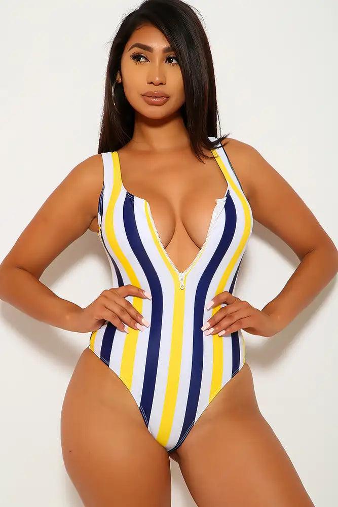 Navy Yellow Stripe Zip Up Cheeky One Piece Swimsuit - AMIClubwear