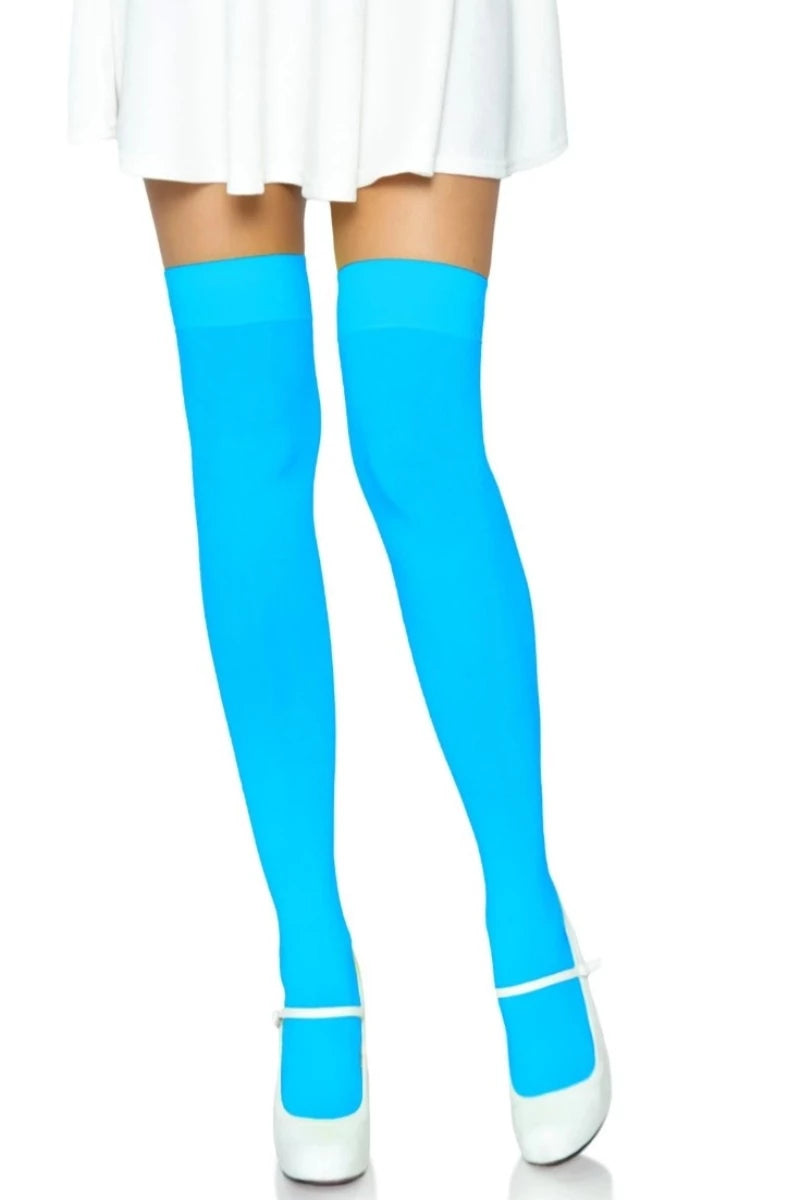 Neon Blue Opaque Nylon Thigh Highs - AMIClubwear