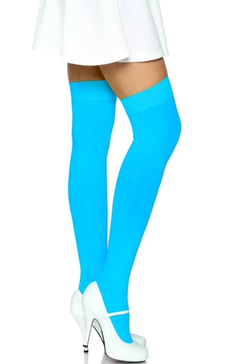 Neon Blue Opaque Nylon Thigh Highs - AMIClubwear