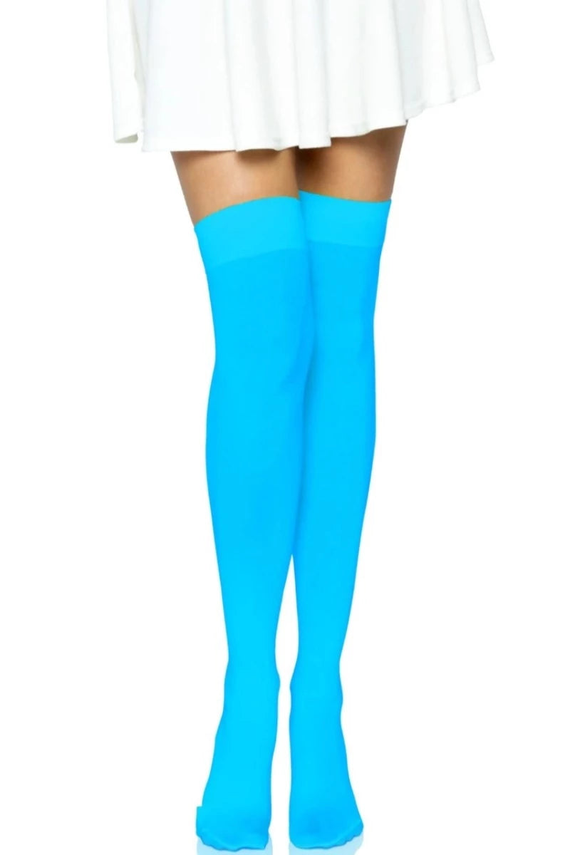 Neon Blue Opaque Nylon Thigh Highs - AMIClubwear