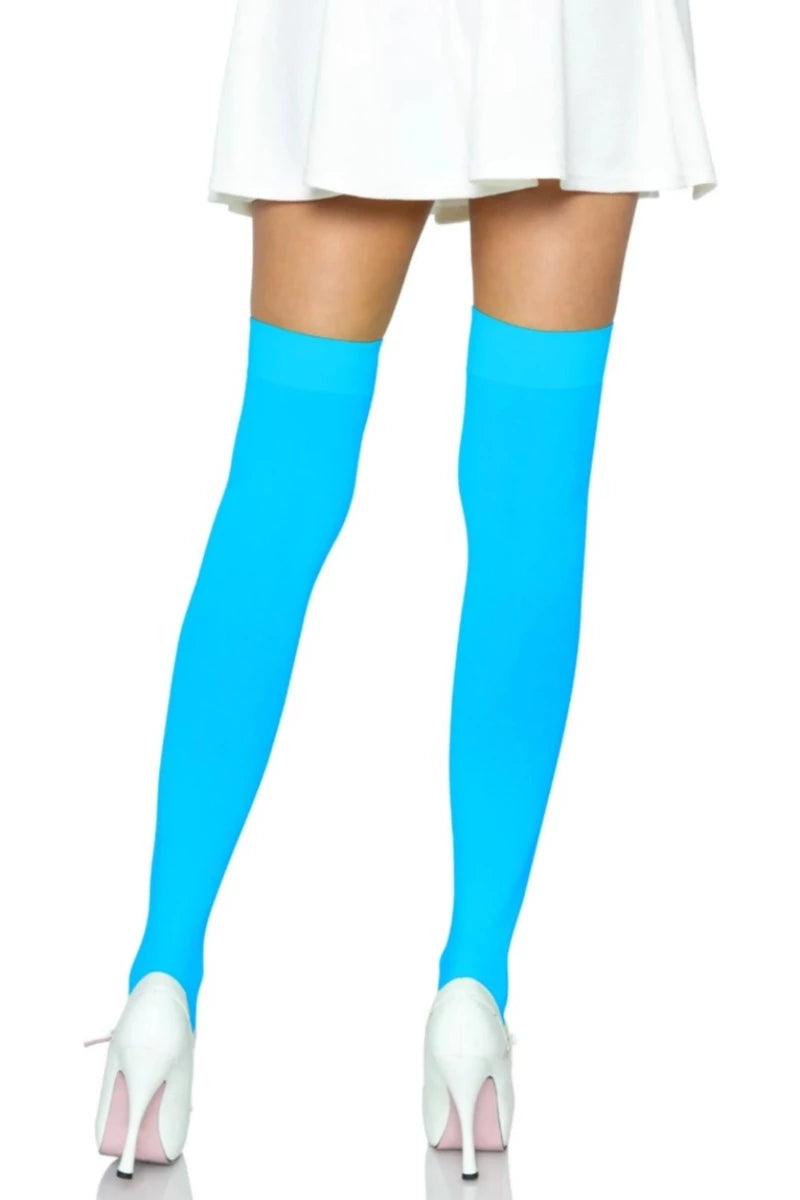 Neon Blue Opaque Nylon Thigh Highs - AMIClubwear