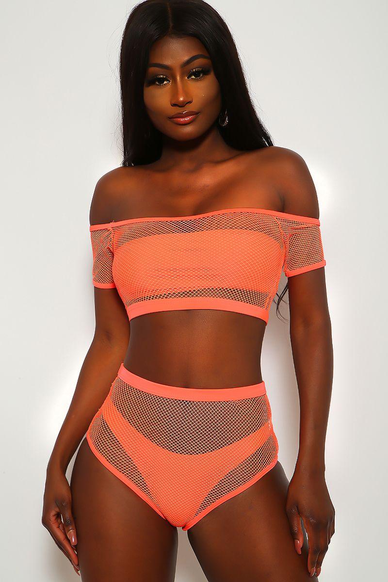 Neon Coral Netted Bandeau Four Piece Swimsuit Set - AMIClubwear
