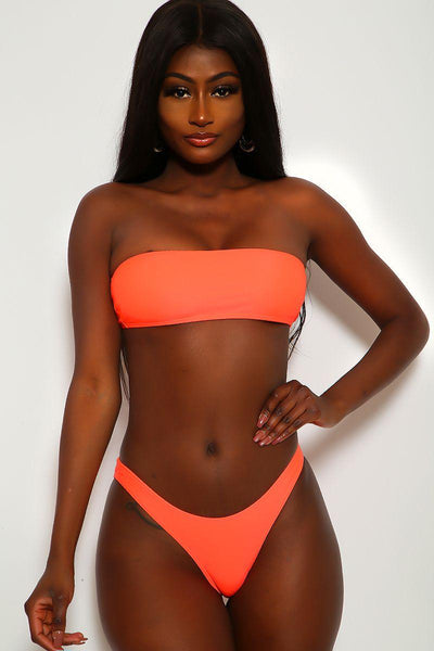 Neon Coral Netted Bandeau Four Piece Swimsuit Set - AMIClubwear
