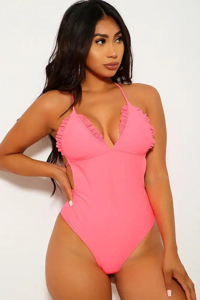 Neon Coral Ruffled One Piece Swimsuit - AMIClubwear