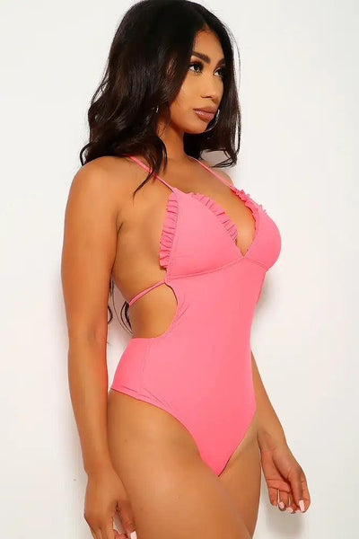 Neon Coral Ruffled One Piece Swimsuit - AMIClubwear