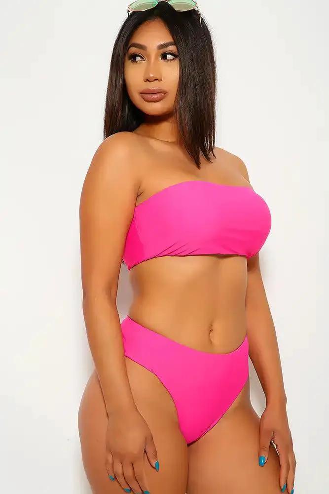 Neon Fuchsia Bandeau High Waist Two Piece Swimsuit