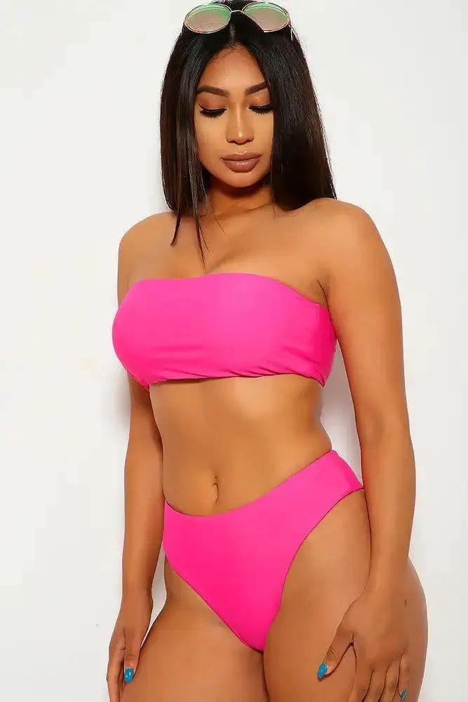 Neon Fuchsia Bandeau High Waist Two Piece Swimsuit