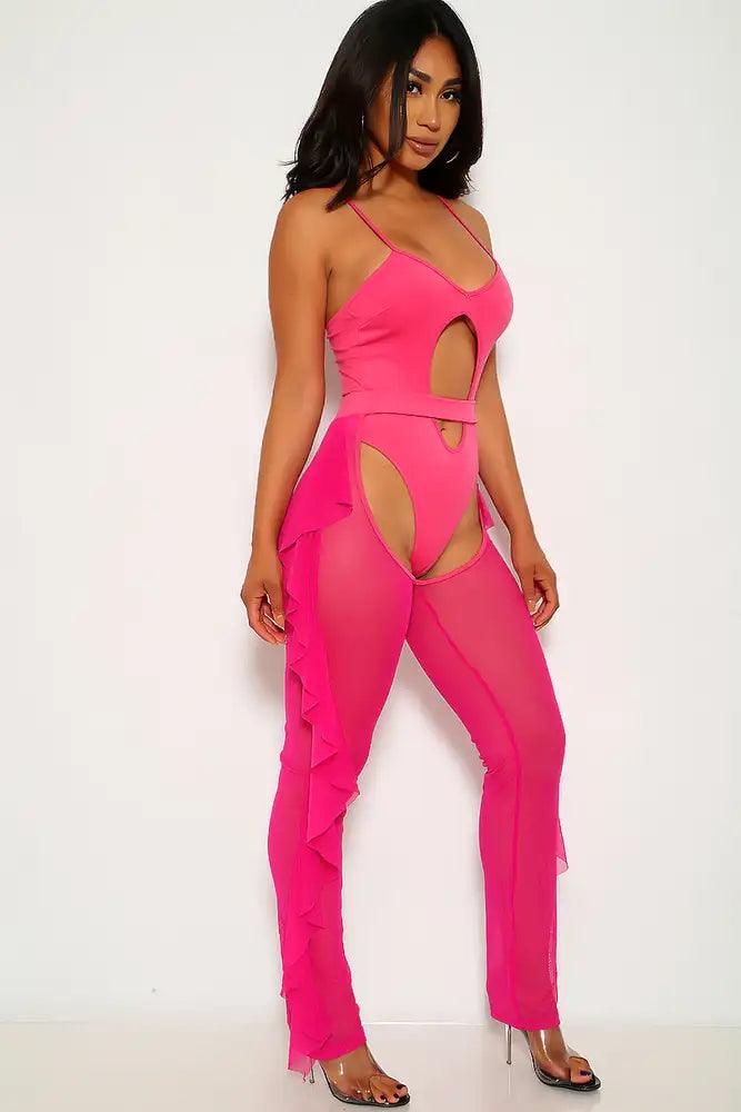 Neon Fuchsia Cut Out Pants Coverup Two Piece Swimsuit - AMIClubwear