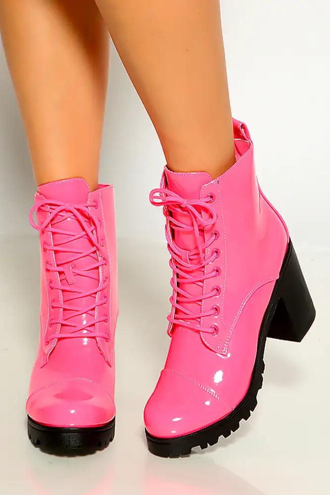 Neon Fuchsia Lace up Patent Rubber Sole Chunky Heel Combat Boots - AMIClubwear