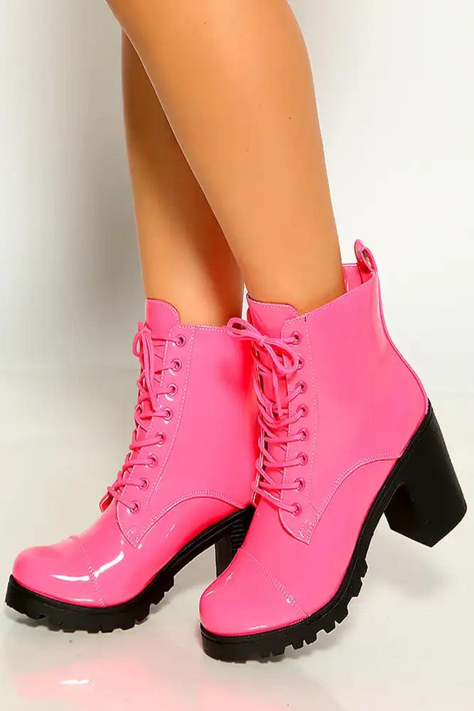 Neon Fuchsia Lace up Patent Rubber Sole Chunky Heel Combat Boots - AMIClubwear