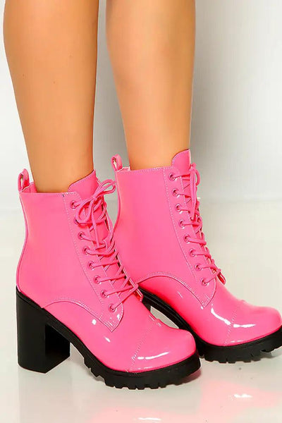 Neon Fuchsia Lace up Patent Rubber Sole Chunky Heel Combat Boots - AMIClubwear