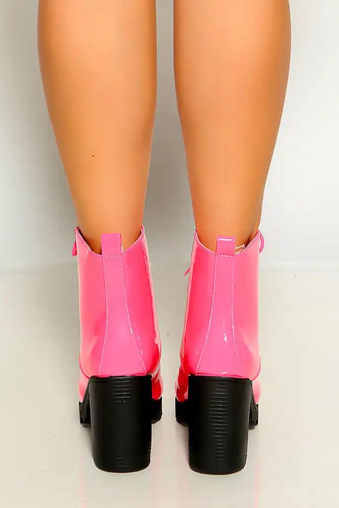 Neon Fuchsia Lace up Patent Rubber Sole Chunky Heel Combat Boots - AMIClubwear