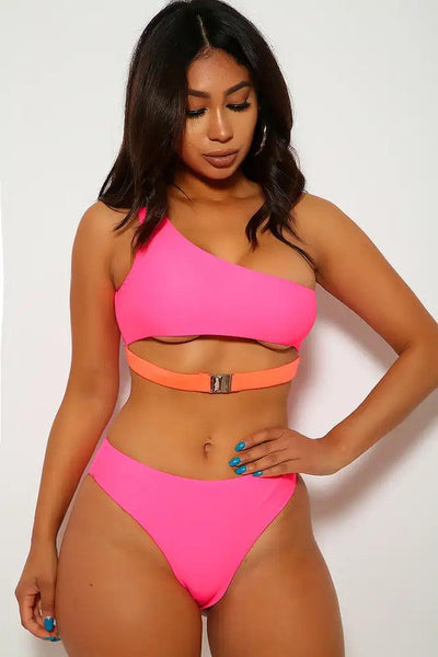 Neon Fuchsia One Shoulder Buckle Two Piece Swimsuit - AMIClubwear