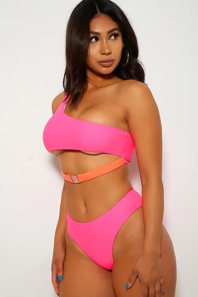 Neon Fuchsia One Shoulder Buckle Two Piece Swimsuit - AMIClubwear