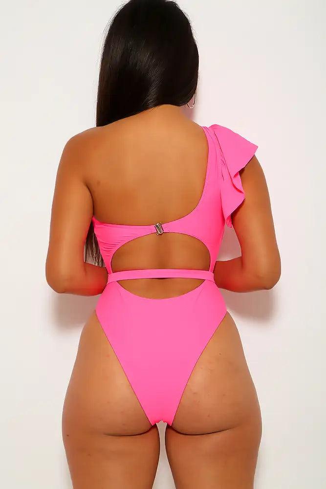 Neon Fuchsia One Shoulder Ruffled Swimsuit - AMIClubwear