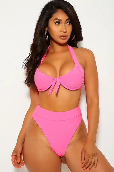 Neon Fuchsia Ribbed High Waist Two Piece Swimsuit - AMIClubwear