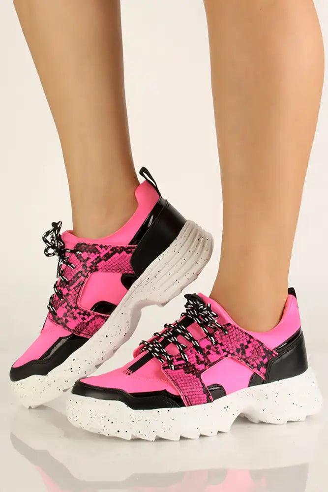 Neon Fuchsia Snake Print Casual Sneakers - AMIClubwear