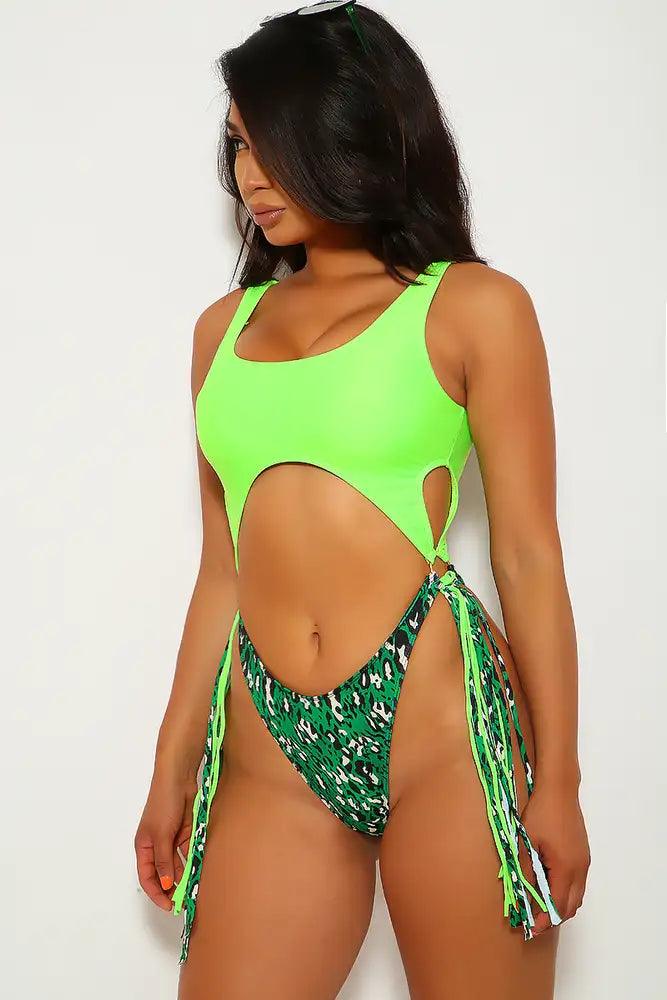 Neon Lime Animal Print Cut Out Fringe One Piece Swimsuit - AMIClubwear