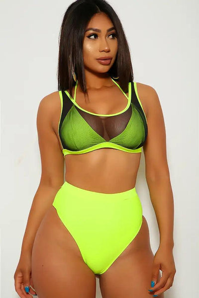 Neon Lime Black Mesh High Waist Two Piece Swimsuit - AMIClubwear