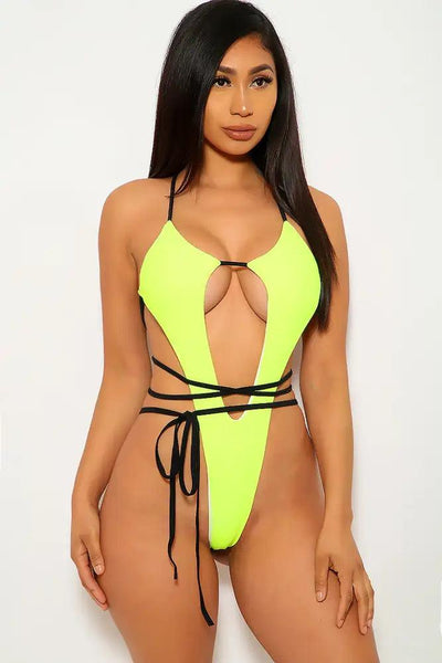 Neon Lime Black Strappy Cut Out High Leg Monokini - AMIClubwear