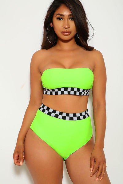 Neon Lime Checkered Bandeau Two Piece Swimsuit - AMIClubwear
