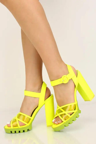 Neon Lime Clear Platform Chunky Heels - AMIClubwear