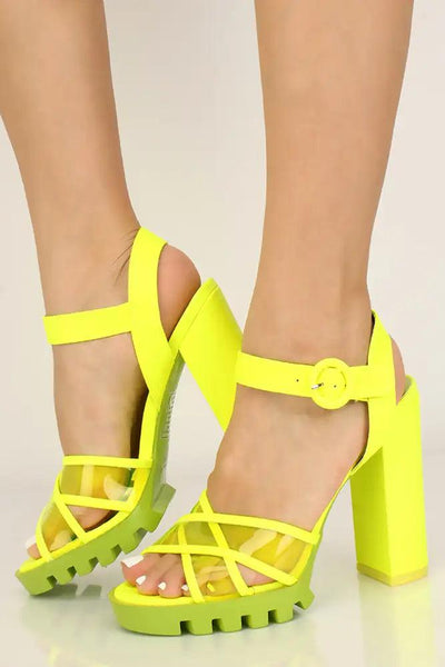 Neon Lime Clear Platform Chunky Heels - AMIClubwear