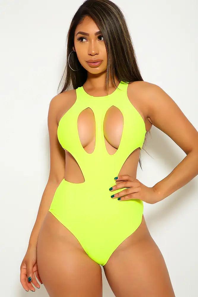 Neon Lime Cut Out High Neck One Piece Swimsuit - AMIClubwear