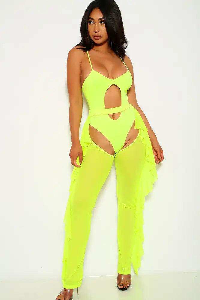 Neon Lime Cut Out Pants Coverup Two Piece Swimsuit - AMIClubwear