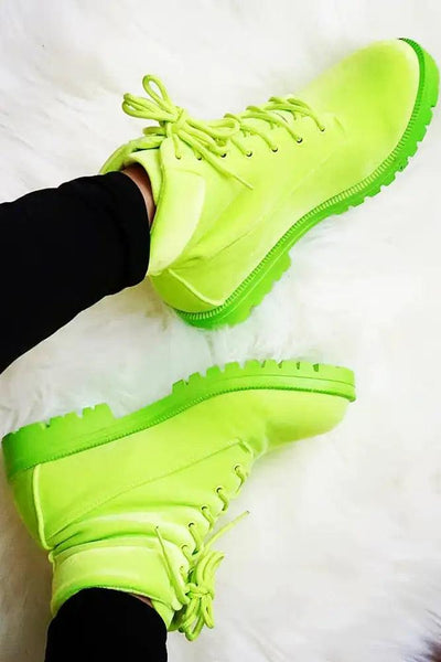 Neon Lime Faux Velvet Combat Boots - AMIClubwear