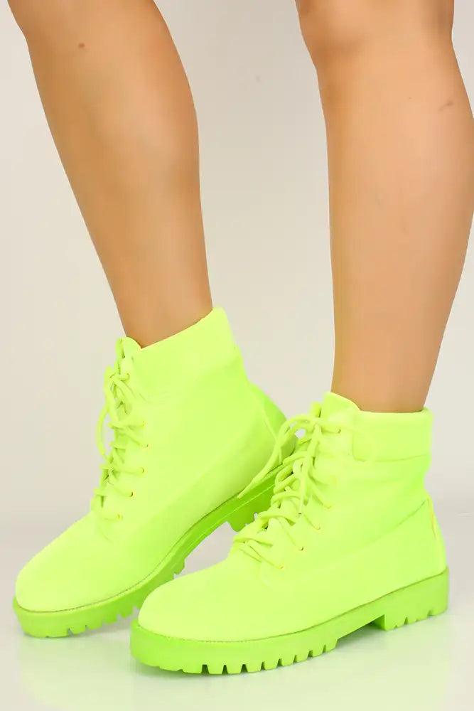 Neon Lime Faux Velvet Combat Boots - AMIClubwear