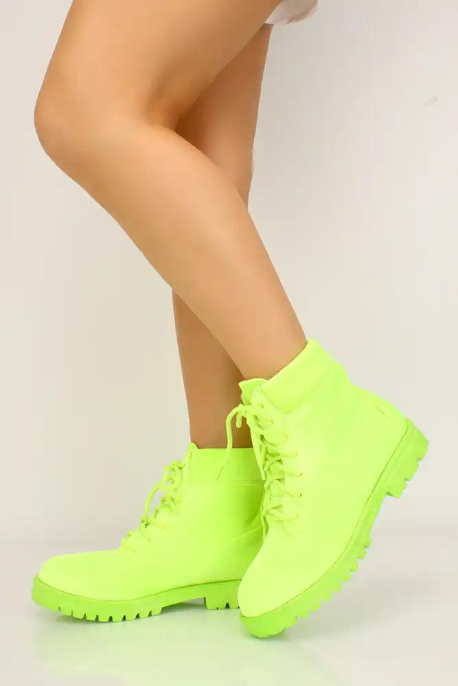 Neon Lime Faux Velvet Combat Boots - AMIClubwear