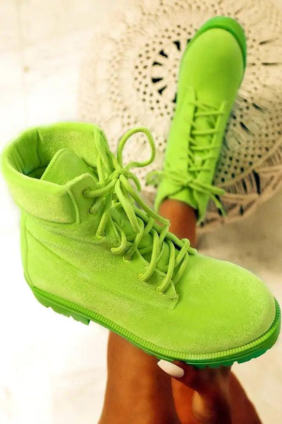 Neon Lime Faux Velvet Combat Boots - AMIClubwear