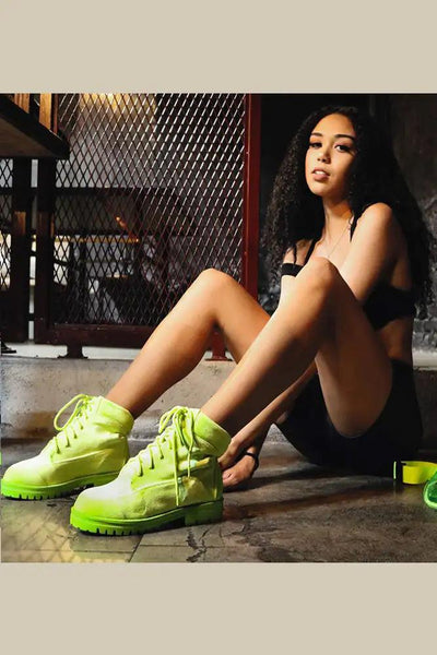 Neon Lime Faux Velvet Combat Boots - AMIClubwear