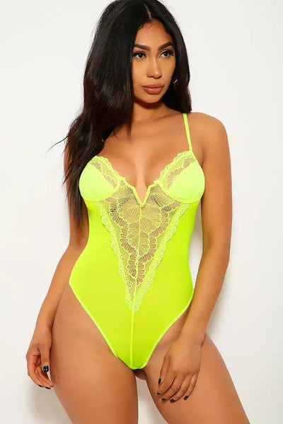 Neon Lime Lace Embroidered Bodysuit - AMIClubwear