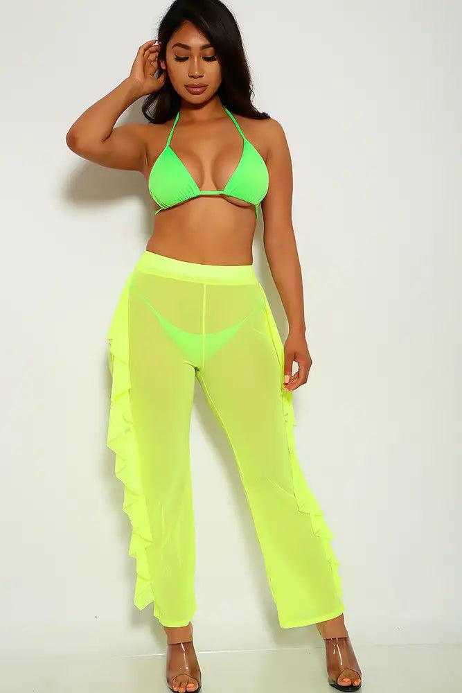 Neon Lime Layered Ruffle Three Piece Swimsuit Cover Up Pants - AMIClubwear