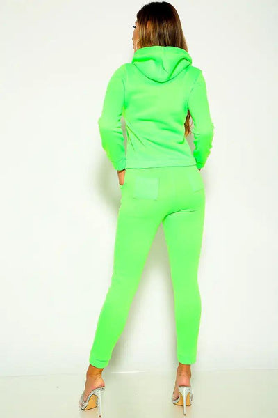 Neon Lime Long Sleeve Hooded Two Piece Lounge Outfit - AMIClubwear