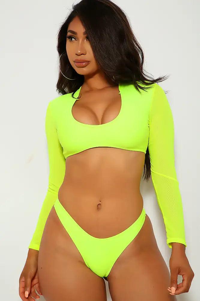 Neon Lime Long Sleeves Mesh Two Piece Swimsuit - AMIClubwear