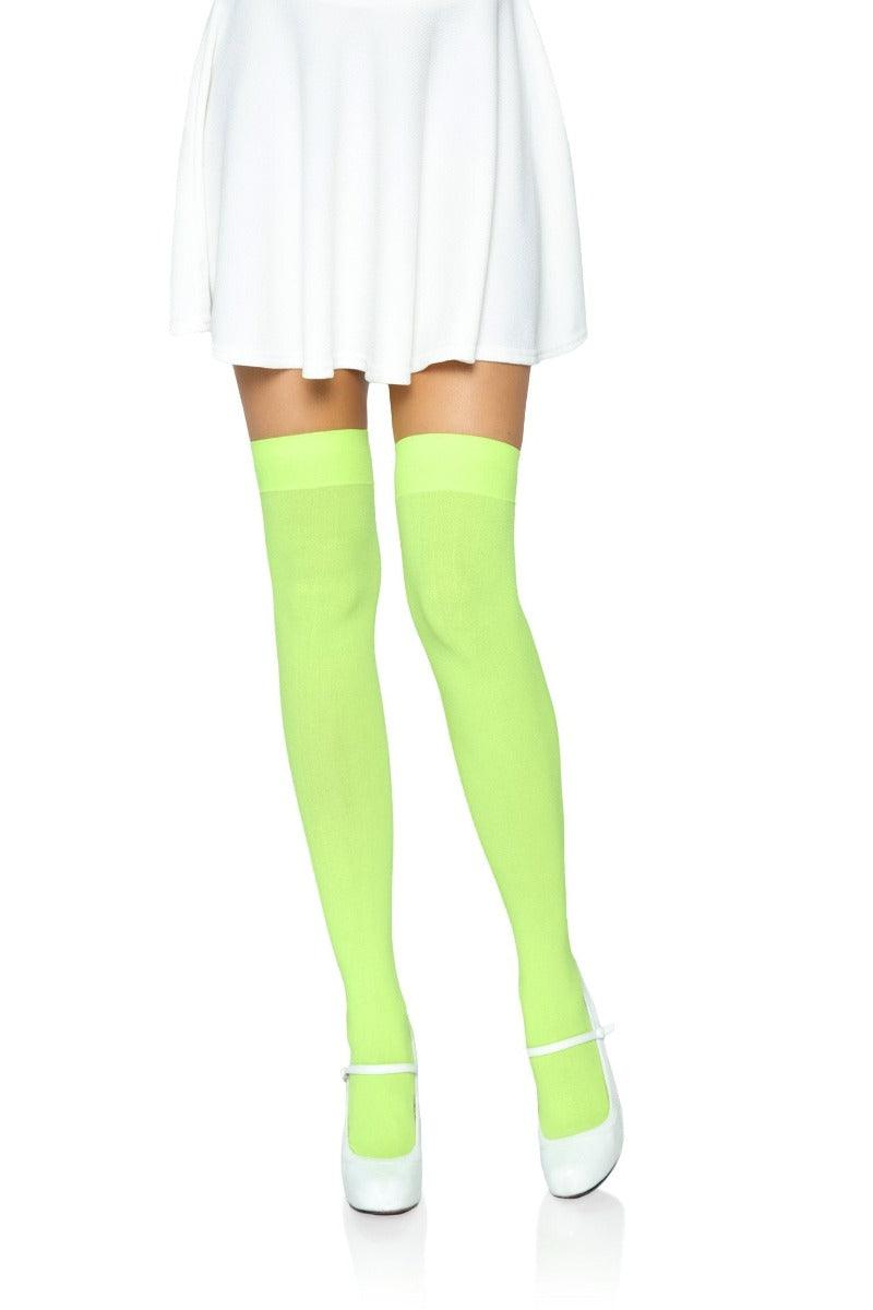Neon Lime Nylon Opaque Thigh Highs - AMIClubwear