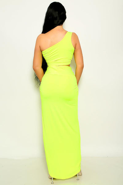 Neon Lime One Shoulder Sleeveless Knotted 2 Pc Set - AMIClubwear