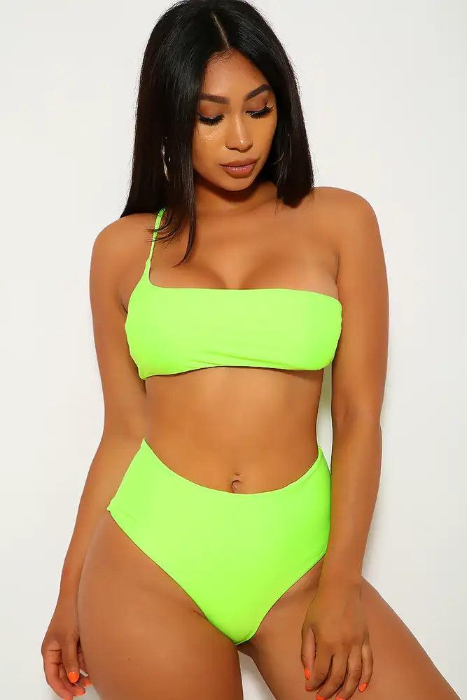 Neon Lime One Shoulder Two Piece Swimsuit - AMIClubwear
