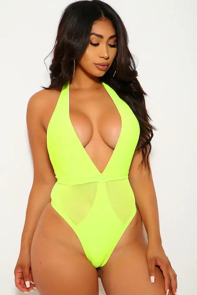 Neon Lime Plunging Neckline Mesh One Piece Swimsuit - AMIClubwear